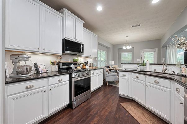 Chandelier, Interior, Kitchen, Recessed Lighting, Wood Texture Flooring