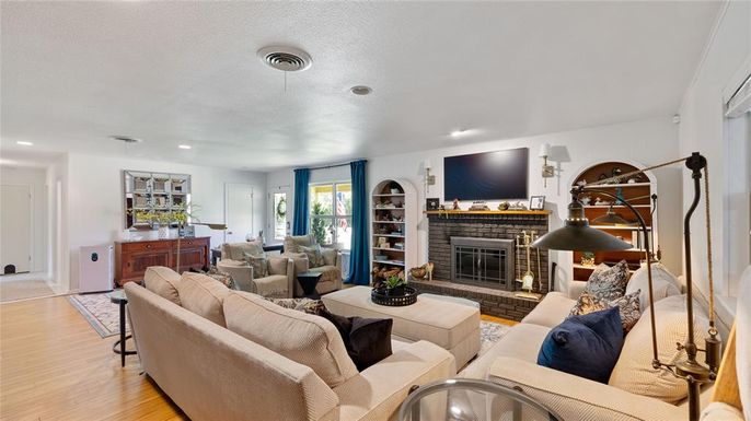 Fireplace, Interior, Living room, Recessed Lighting, Wood Texture Flooring