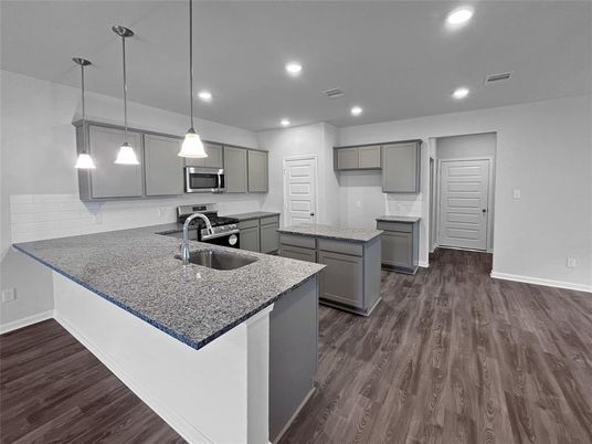Interior, Kitchen, Pendant Lights, Recessed Lighting, Wood Texture Flooring
