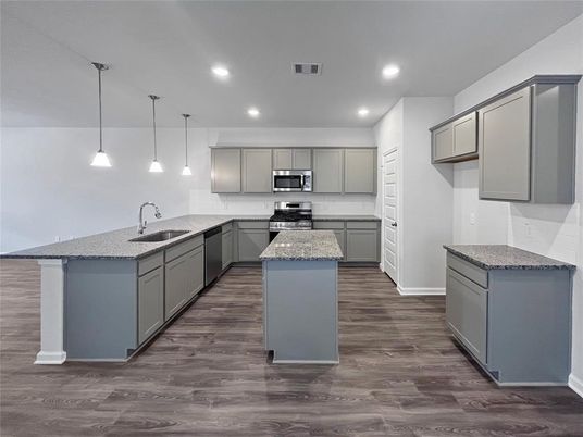 Interior, Kitchen, Pendant Lights, Recessed Lighting, Stainless Steel Appliances, Wood Texture Flooring
