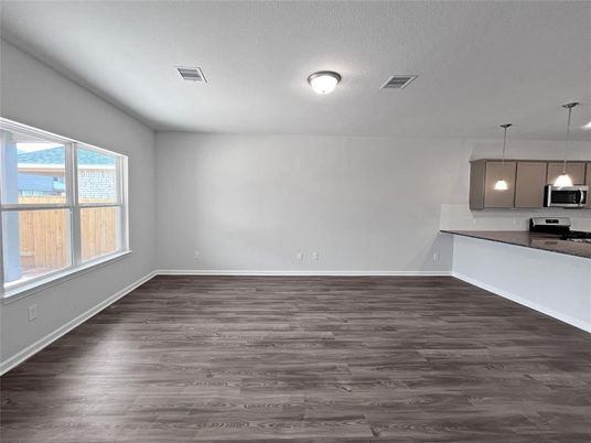 Empty room, Interior, Kitchen, Pendant Lights, Wood Texture Flooring