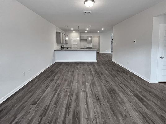 Empty room, Interior, Kitchen, Pendant Lights, Recessed Lighting, Wood Texture Flooring