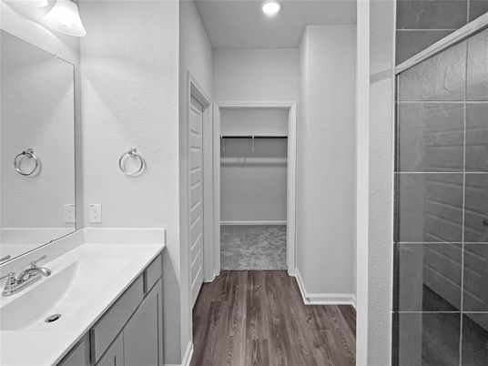 Bathroom, Interior, Recessed Lighting, Walk-in Closets, Wood Texture Flooring