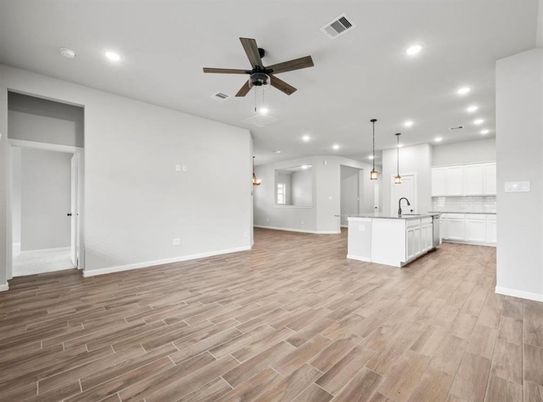 Empty room, Interior, Kitchen, Pendant Lights, Recessed Lighting, Wood Texture Flooring