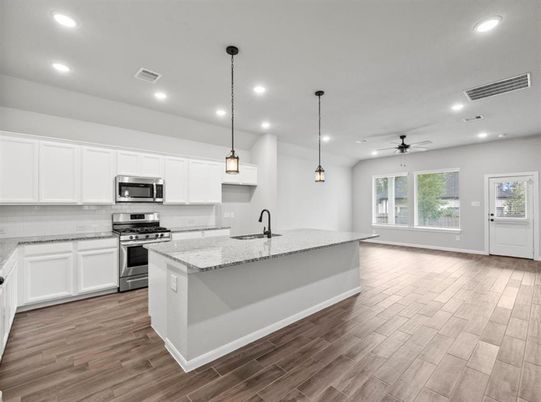 Interior, Kitchen, Pendant Lights, Recessed Lighting, Stainless Steel Appliances, Wood Texture Flooring