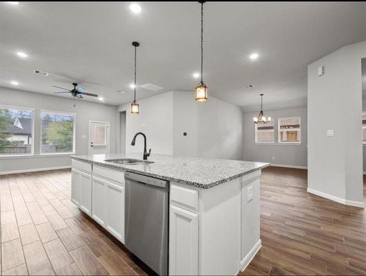 Chandelier, Interior, Kitchen, Pendant Lights, Recessed Lighting, Wood Texture Flooring