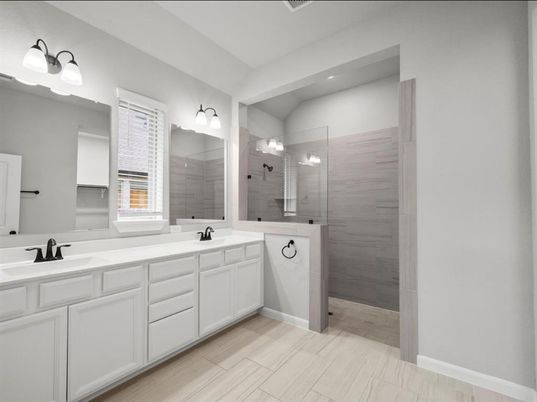 Bathroom, Dual Sink Vanities, Glass Shower, Interior, Recessed Lighting, Wood Texture Flooring