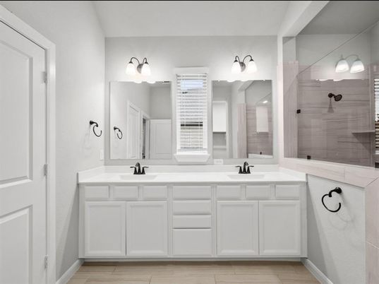 Bathroom, Dual Sink Vanities, Glass Shower, Interior, Wood Texture Flooring