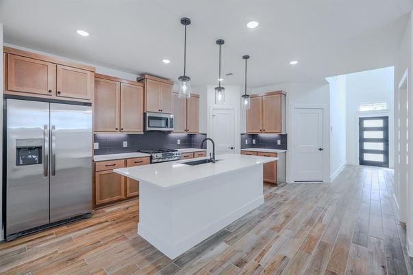 Interior, Kitchen, Pendant Lights, Recessed Lighting, Stainless Steel Appliances, Wood Texture Flooring