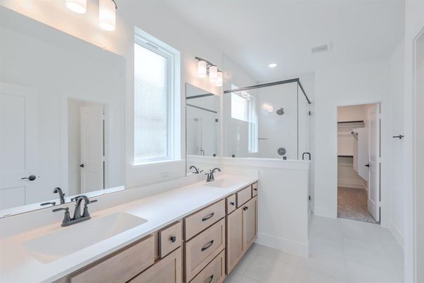 Bathroom, Dual Sink Vanities, Glass Shower, Interior, Recessed Lighting