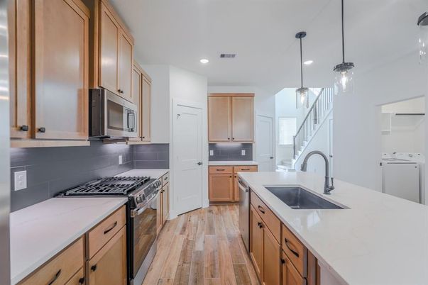 Interior, Kitchen, Pendant Lights, Recessed Lighting, Wood Texture Flooring