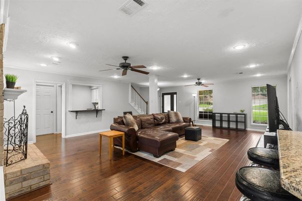 Fireplace, Interior, Living room, Recessed Lighting, Wood Texture Flooring