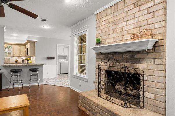 Fireplace, Interior, Kitchen, Recessed Lighting, Stone Walls, Wood Texture Flooring