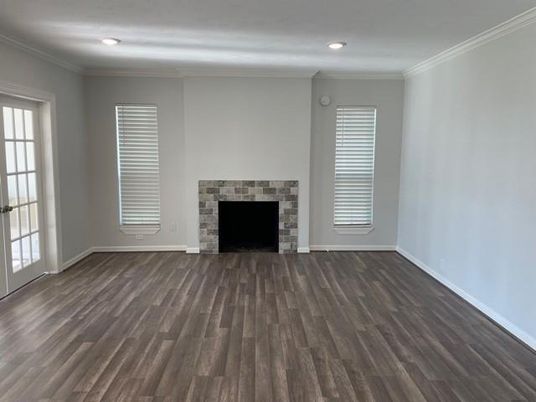 Empty room, Fireplace, Interior, Recessed Lighting, Wood Texture Flooring