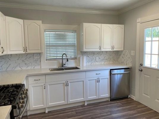 Interior, Kitchen, Marble Walls, Stainless Steel Appliances, Wood Texture Flooring