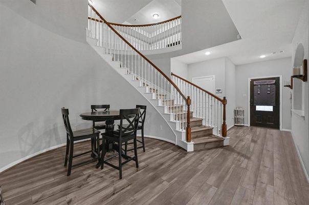 Dining room, Interior, Recessed Lighting, Wood Texture Flooring
