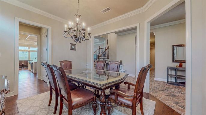 Chandelier, Dining room, Interior, Wood Texture Flooring