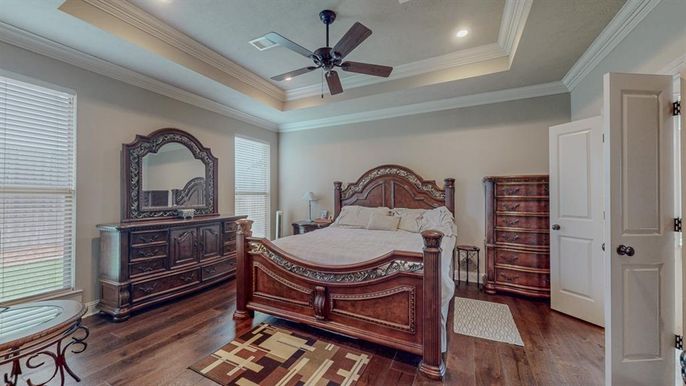 Bedroom, Interior, Recessed Lighting, Wood Texture Flooring