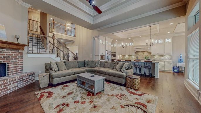 Fireplace, Interior, Kitchen, Living room, Pendant Lights, Recessed Lighting, Stone Walls, Wood Texture Flooring