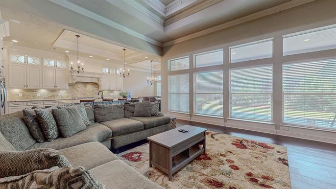 Chandelier, Interior, Kitchen, Living room, Pendant Lights, Recessed Lighting, Wood Texture Flooring