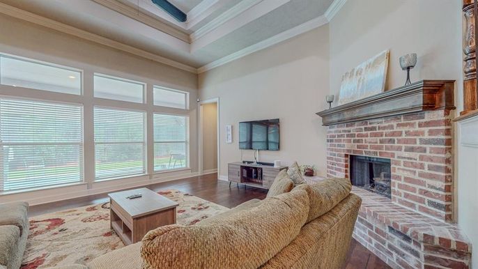 Fireplace, Interior, Living room, Stone Walls, Wood Texture Flooring