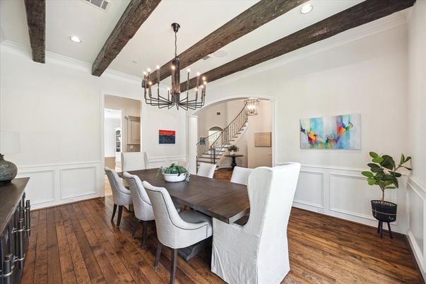Chandelier, Dining room, Interior, Recessed Lighting, Wooden Beams, Wood Texture Flooring
