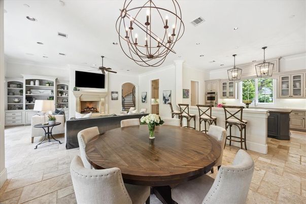Chandelier, Dining room, Fireplace, Interior, Kitchen, Living room, Pendant Lights, Recessed Lighting