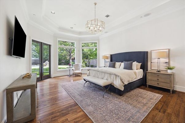 Bedroom, Chandelier, Interior, Recessed Lighting, Wood Texture Flooring