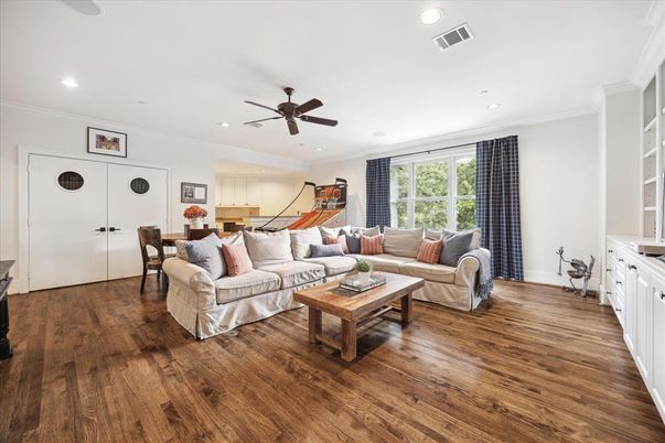 Dining room, Interior, Living room, Recessed Lighting, Wood Texture Flooring