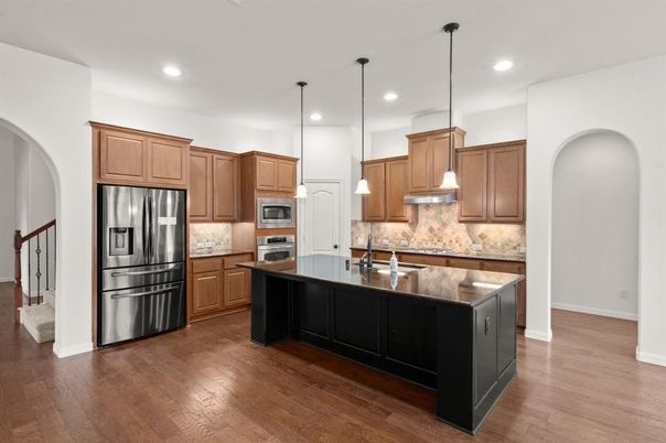 Interior, Kitchen, Pendant Lights, Recessed Lighting, Stainless Steel Appliances, Wood Texture Flooring