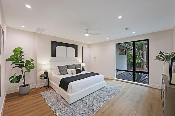 Bedroom, Interior, Recessed Lighting, Wood Texture Flooring