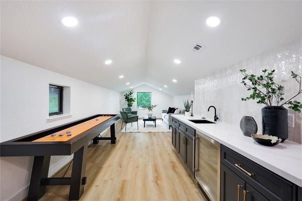Billiard Table, Game Room, Interior, Kitchen, Recessed Lighting, Wood Texture Flooring