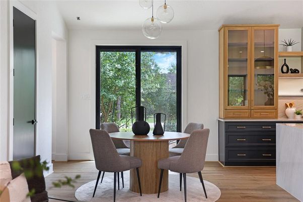 Dining room, Interior, Pendant Lights, Wood Texture Flooring