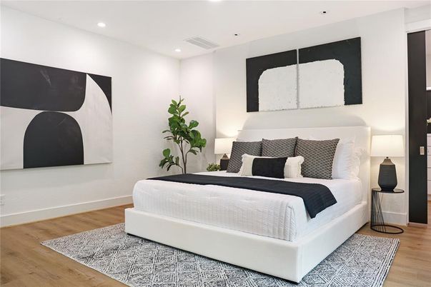 Bedroom, Interior, Recessed Lighting, Wood Texture Flooring