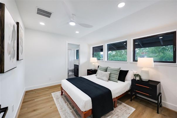 Bedroom, Interior, Recessed Lighting, Wood Texture Flooring