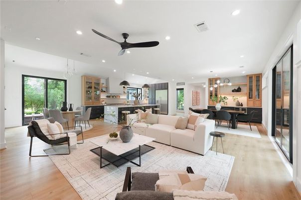 Dining room, Interior, Kitchen, Living room, Pendant Lights, Recessed Lighting, Stainless Steel Appliances, Wood Texture Flooring