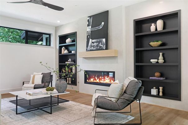 Fireplace, Interior, Living room, Recessed Lighting, Wood Texture Flooring