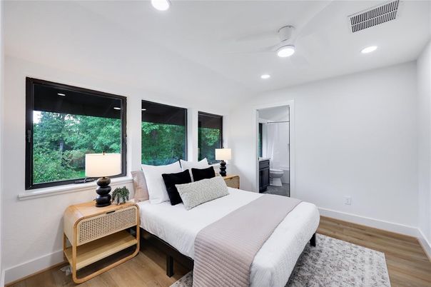 Bedroom, Interior, Recessed Lighting, Wood Texture Flooring