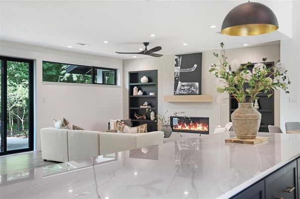 Dining room, Fireplace, Interior, Living room, Recessed Lighting