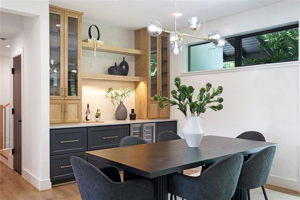 Dining room, Interior, Pendant Lights, Wood Texture Flooring