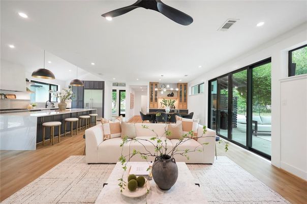 Dining room, Interior, Kitchen, Living room, Pendant Lights, Recessed Lighting, Stainless Steel Appliances, Wood Texture Flooring