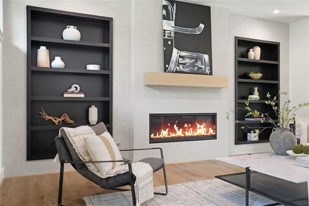 Fireplace, Interior, Recessed Lighting, Wood Texture Flooring