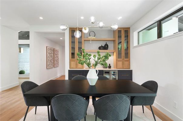 Dining room, Interior, Pendant Lights, Recessed Lighting, Wood Texture Flooring