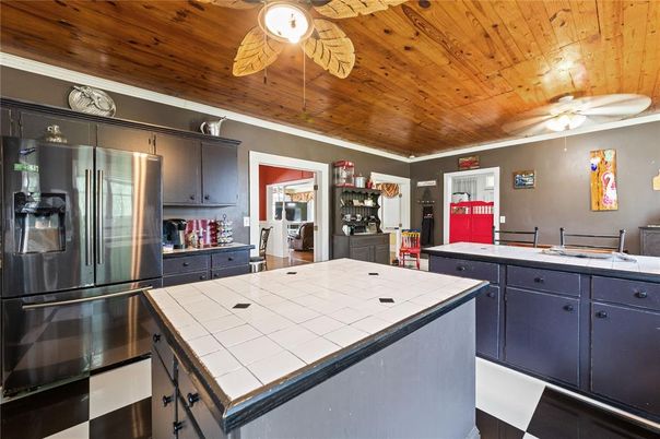 Interior, Kitchen, Tile Countertops, Wooden Ceilings