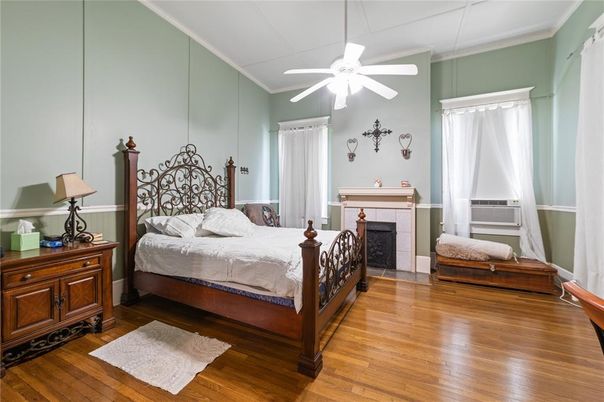 Bedroom, Fireplace, Interior, Wood Texture Flooring
