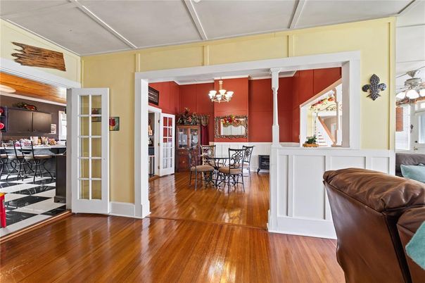 Chandelier, Dining room, Interior, Wood Texture Flooring