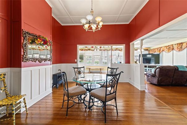 Chandelier, Dining room, Interior, Wood Texture Flooring