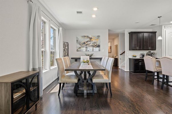 Dining room, Interior, Pendant Lights, Recessed Lighting, Wood Texture Flooring