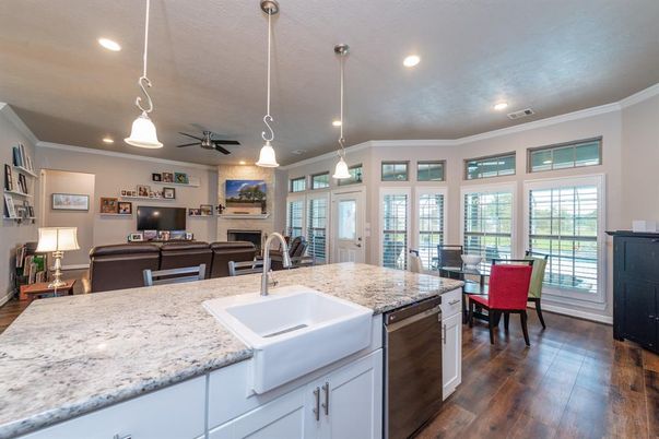 Dining room, Interior, Kitchen, Living room, Pendant Lights, Recessed Lighting, Wood Texture Flooring