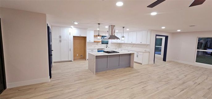 Interior, Kitchen, Pendant Lights, Recessed Lighting, Wood Texture Flooring